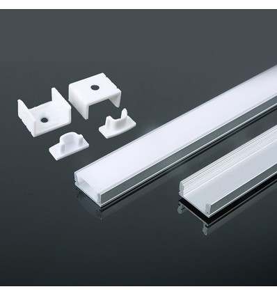 Profilé Alu 2m pour strips LED - Inclus cover blanc laiteux, clips de montage et embouts, argent, IP20