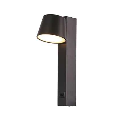 8W LED vegglampe med USB - 3000K, 900lm, IP20, sort, dreibar, innendørs, inkl. lyskilde