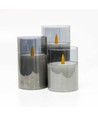 LED Blokklys sett i røykfarget glass Ø7,5cm, 3 stk, flammeeffekt - Inkl. fjernkontroll og timer, 10/12,5/15cm høy, ekte stearin