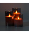 LED Bloklys sæt i røgfarvet glas Ø7,5cm, 3 stk, flammeeffekt - Inkl. fjernbetjening og timer, 10/12,5/15cm høj, ægte stearin