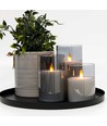 Set de 3 bougies LED sous verre fumé Ø7,5cm, effet flamme - Avec télécommande et minuterie, 10/12,5/15cm de haut, véritable cire