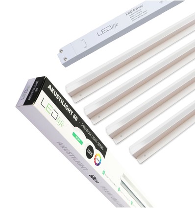 Troldtekt LED dæmpbar skinnesæt 4x120 cm - Planforsænket, Fjernbetjening dæmpbar, Akustilight inkl. ledninger og driver