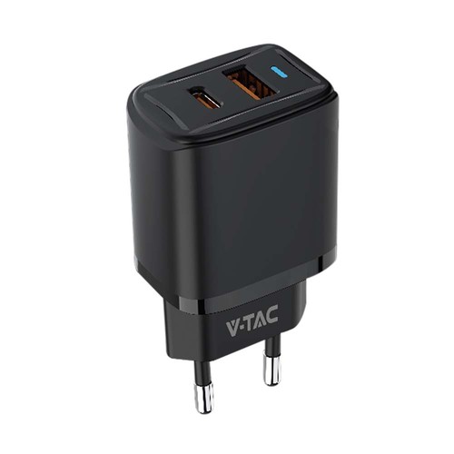 20W USB reiseadapter med PD og QC - Sort, hurtiglader, 1x USB-A og 1x USB-C PD