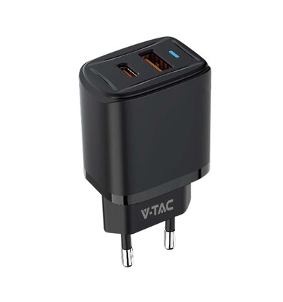 Adaptateur de voyage USB 20W avec PD et QC - Noir, chargeur rapide, 1x USB-A et 1x USB-C PD