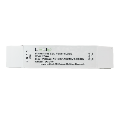 200W / 24V DC strømforsyning - 12.5A, IP20 indendørs, Flicker free