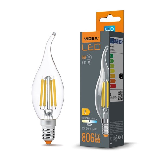 E14 6W LED filament flamme coup de vent - C35, 806lm, 4000K, flicker free, remplace 60W