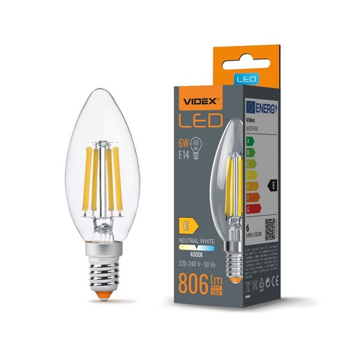 E14 6W LED filament kronelys - C35, 806lm, 4000K, 360 grader, erstatter 60W