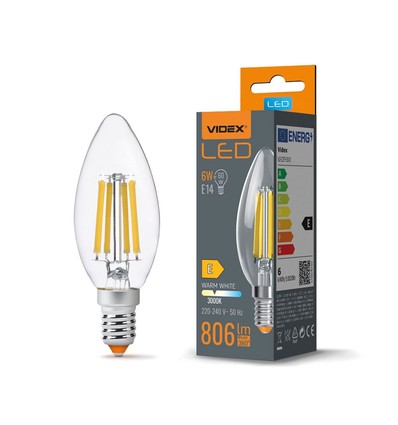 E14 6W LED kronelys - Filament, 806lm, 3000K, 360 grader, flicker free, erstatter 60W