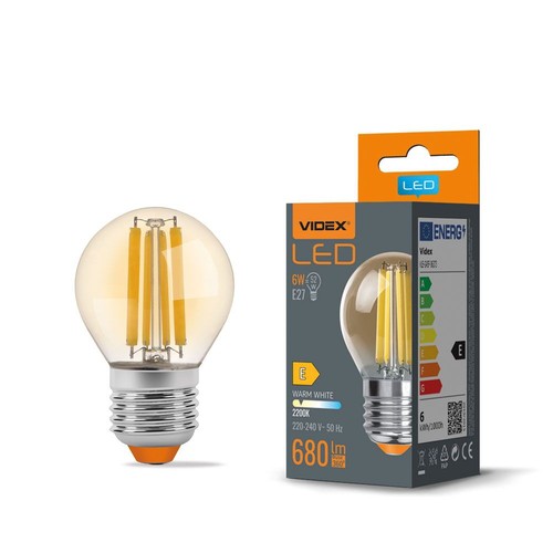 E27 6W LED filament klotlampa - G45, 2200K, Amber glas, 360 grader, 750lm