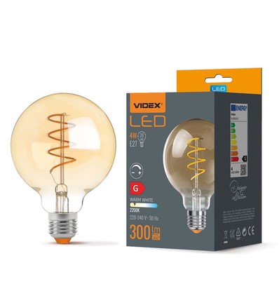 E27 4W dimbar LED lampa - G95, spiral filament, amber glas, 2200K, flicker free