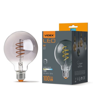 E27 4W dimbar LED pære - G95, spiral filament, grafitt glass, 1800K, 360°