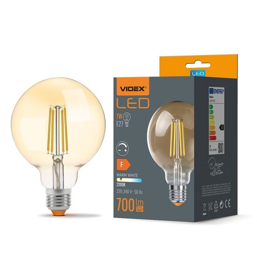 E27 7W dimbare LED lamp - G95, Amber glas, Filament, 2200K, vervangt 53W