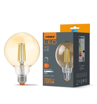 E27 7W dimbar LED lampa - G95, Amber glas, Filament, 2200K, ersätter 53W