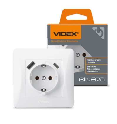 Enkelt Schuko-stikkontakt - USB-A+USB-C, hvit