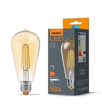 E27 6W dimbar LED lampa - ST64, filament, amber glas, 2200K, flicker free