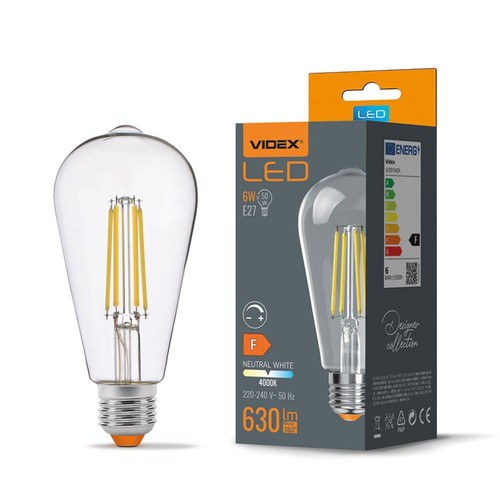 E27 6W dimbar LED filament pære - ST64, 630lm, 4000K nøytral hvit, 360 grader