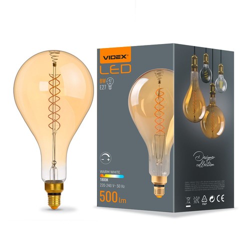 E27 8W dimbar LED pære - PS160, spiral filament, amber glass, 1800K, 500lm