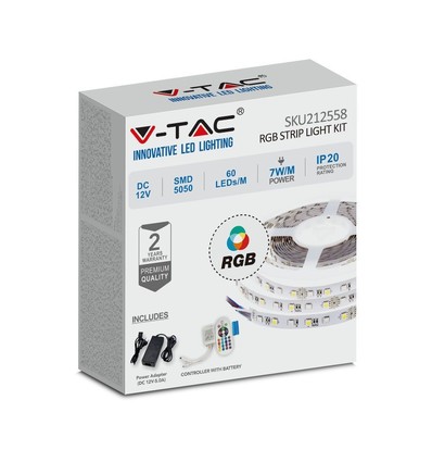 5m 7W/m RGB LED strip sæt - 12V DC, IP20, 60 LED pr. meter