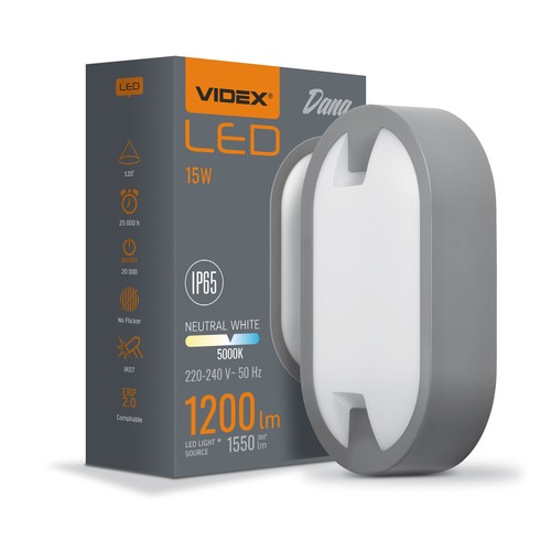 15W LED bulkhead væg/loftlampe - IP65, 1200lm, 5000K, grå, IK07, oval