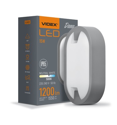 15W LED bulkhead vägg/taklampa - IP65, 1200lm, 5000K, grå, IK07, oval