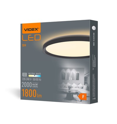 LED taklampe 18W - Rund, svart, nøytral hvit, 230V, 2000lm, forbruk 18W