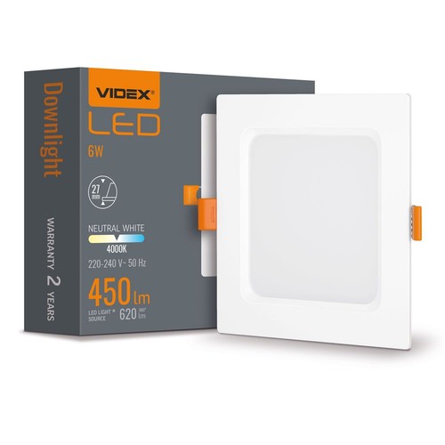 Panneau LED encastrable carré 6W - 450lm, 4000K, bord blanc, Trou: Ø9,5-10 cm, Dim: 12x12 cm