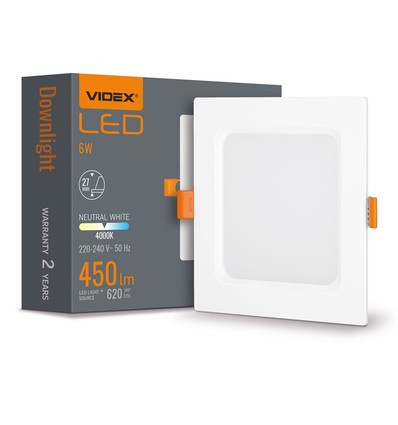 Panneau LED encastrable carré 6W - 450lm, 4000K, bord blanc, Trou: Ø9,5-10 cm, Dim: 12x12 cm