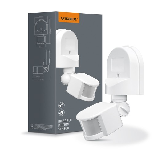 Infraröd PIR rörelsesensor, vit - 180° vinkel, 1200W, IP44 utomhus, justerbar tid och ljusstyrka