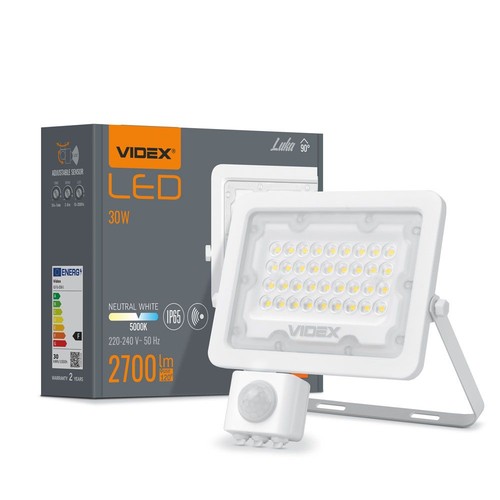 30W Luka LED projektør med sensor - 90lm/W, IP65, hvid, 5000K, udendørs