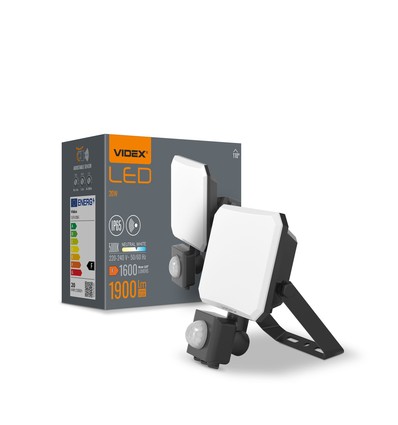 20W LED lyskaster med sensor - IP65, 5000K, sort, utendørs, bevegelsessensor