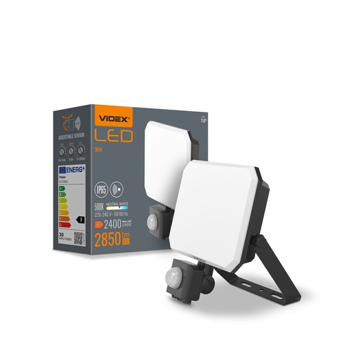 Projecteur LED 30W avec détecteur - 5000K, IP65, noir, détecteur de mouvement PIR, extérieur