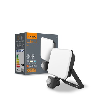 Projecteur LED 30W avec détecteur - 5000K, IP65, noir, détecteur de mouvement PIR, extérieur