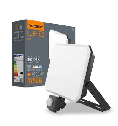 Projecteur LED 50W avec détecteur - 4750lm, IP65, 5000K, noir, extérieur, lampe de chantier