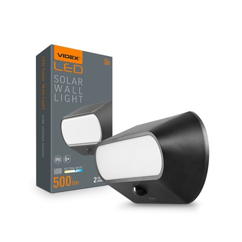 500lm Solcelle LED væglampe med sensor - IP54, 5000K, sort, bevægelsessensor, udendørs
