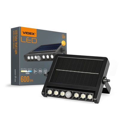 Applique murale LED solaire avec détecteur, 600lm - 5000K, IP54, noir, détecteur de mouvement