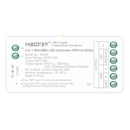 Contrôleur de bande lumineuse 5 en 1 DMX+SPI+WIFI - RF, 12V/24V, RGB+CCT