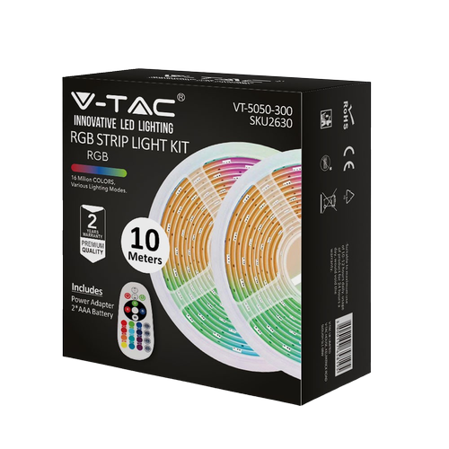 10m 4,8W/m RGB strip-sett - 12V DC, IP20, inkl. fjernkontroll og strømforsyning (2x5m)