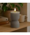Bougie sablier LED 13,5cm, effet flamme, gris - Ø7,5cm, télécommande, minuterie, vraie cire
