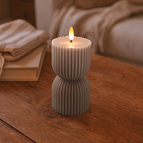 LED Zandloper kaars 13,5cm, vlameffect, grijs - Ø7,5cm, afstandsbediening, timer, echte was