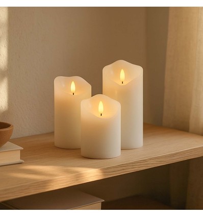 Sæt med 3 stk. LED Bloklys 10cm høj, flammeeffekt, hvid - Ø7,5cm, 10/12,5/15cm høj, virker m. fjernbetj, timer, ægte stearin