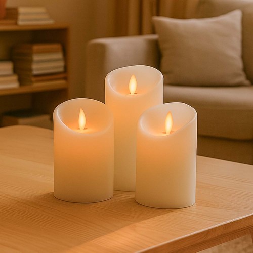 LED Blokklys, 3 stk, Ø7,5cm, bevegelig flamme, hvit - Inkl. fjernkontroll og timer, 10/15/20cm høy, ekte stearin