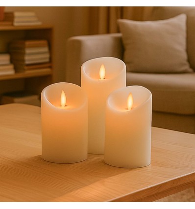 LED Stompkaarsen, 3 stuks, Ø7,5cm, bewegende vlam, wit - Incl. afstandsbediening en timer, 10/15/20cm hoog, echte was