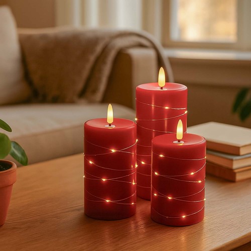 LED Blokklys 3 stk sett med lyskjede, flammeeffekt - Ø7,5cm, 10/12,5/15cm, inkl. fjernkontroll, timer, ekte voks, Rød