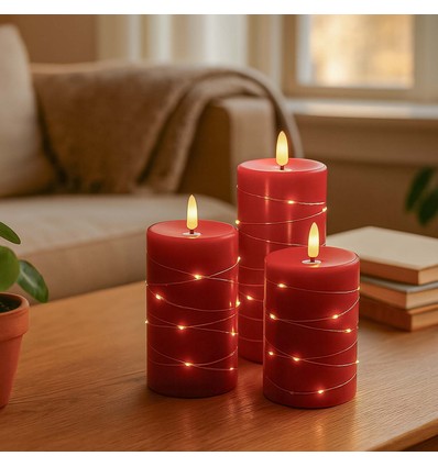 Set 3 bougies LED avec guirlande, effet flamme - Ø7,5cm, 10/12,5/15cm, avec télécommande, minuterie, vraie cire, Rouge