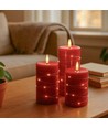 LED Blokklys 3 stk sett med lyskjede, flammeeffekt - Ø7,5cm, 10/12,5/15cm, inkl. fjernkontroll, timer, ekte voks, Rød