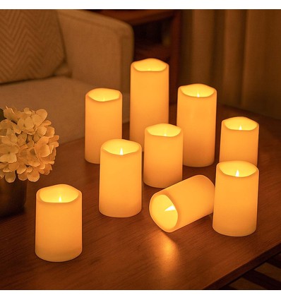 Lot de 9 bougies LED extérieur avec télécommande, Ø5,5cm - H: 13/15/17,5cm, Pile, minuterie, étanche