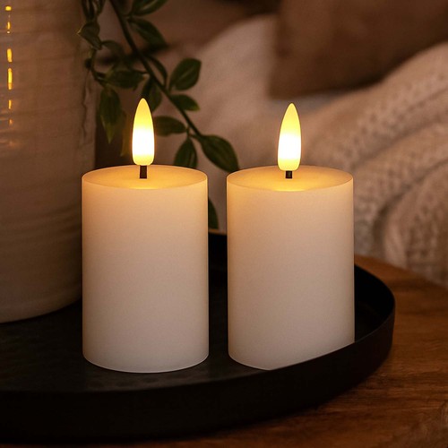 LED Blokkaarsen, 2 stuks, vlam effect, wit - 7,5 cm hoog, Ø5 cm, werkt met afstandsbediening, echte was