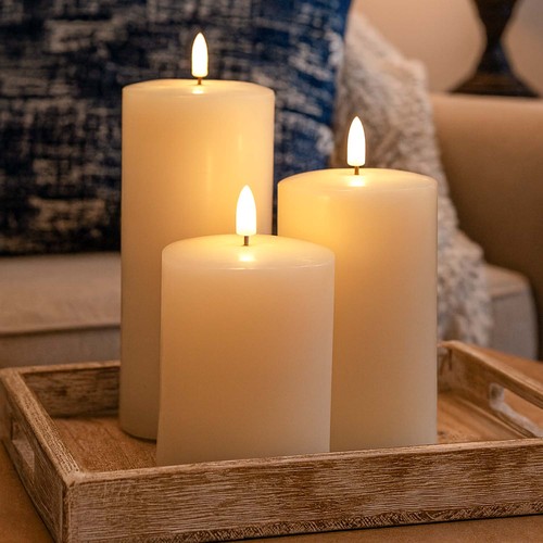 LED Bloklys, 3 stk, flammeeffekt, hvid - Inkl fjernbetjening og timer, 10/12,5/15cm høj, Ø7,5cm, ægte stearin