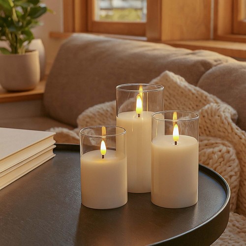 LED Bloklys sæt i glas Ø7,5cm, 3 stk, flammeeffekt - Inkl. fjernbetjening og timer, 10/12,5/15cm høj, ægte stearin