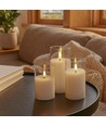 Set de 3 bougies LED sous verre Ø7,5cm, effet flamme - Avec télécommande et minuterie, 10/12,5/15cm de haut, véritable cire